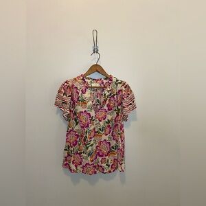 Floral V-Neck Short Sleeve Blouse in Fuchsia & Cream